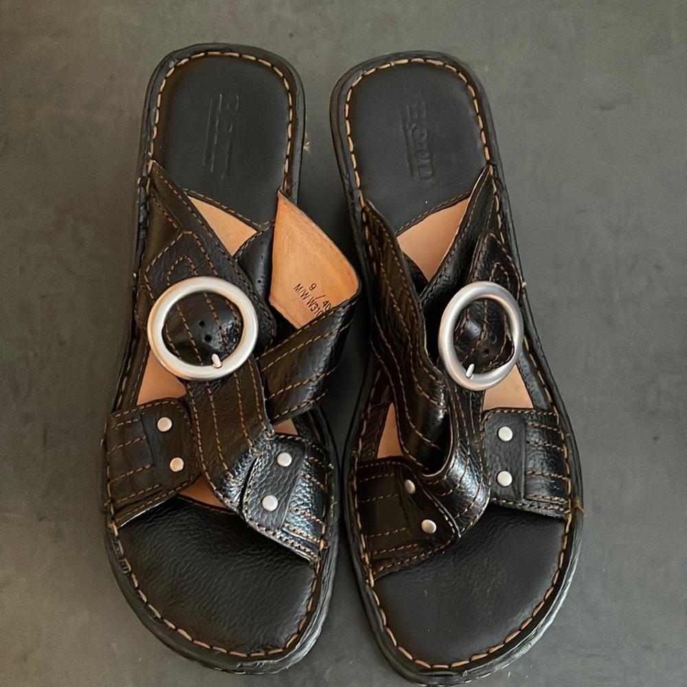 Born crossover studded buckle leather slide-on wedge sandals